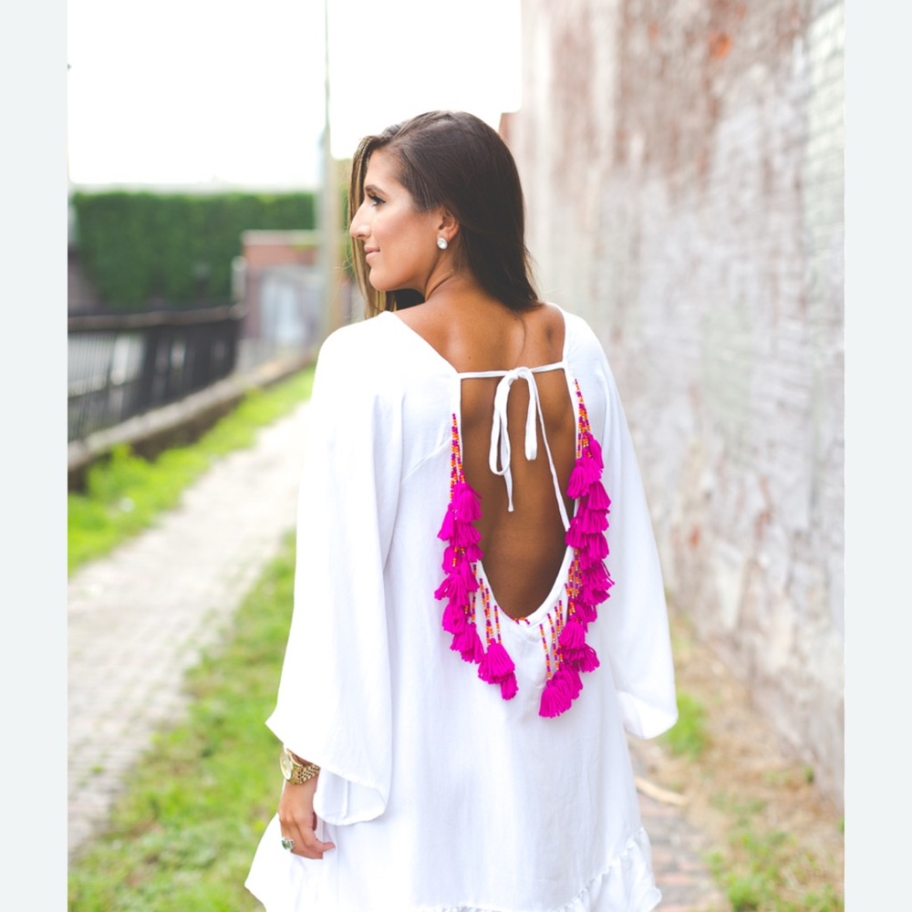 Blue Dress with Pink Tassels